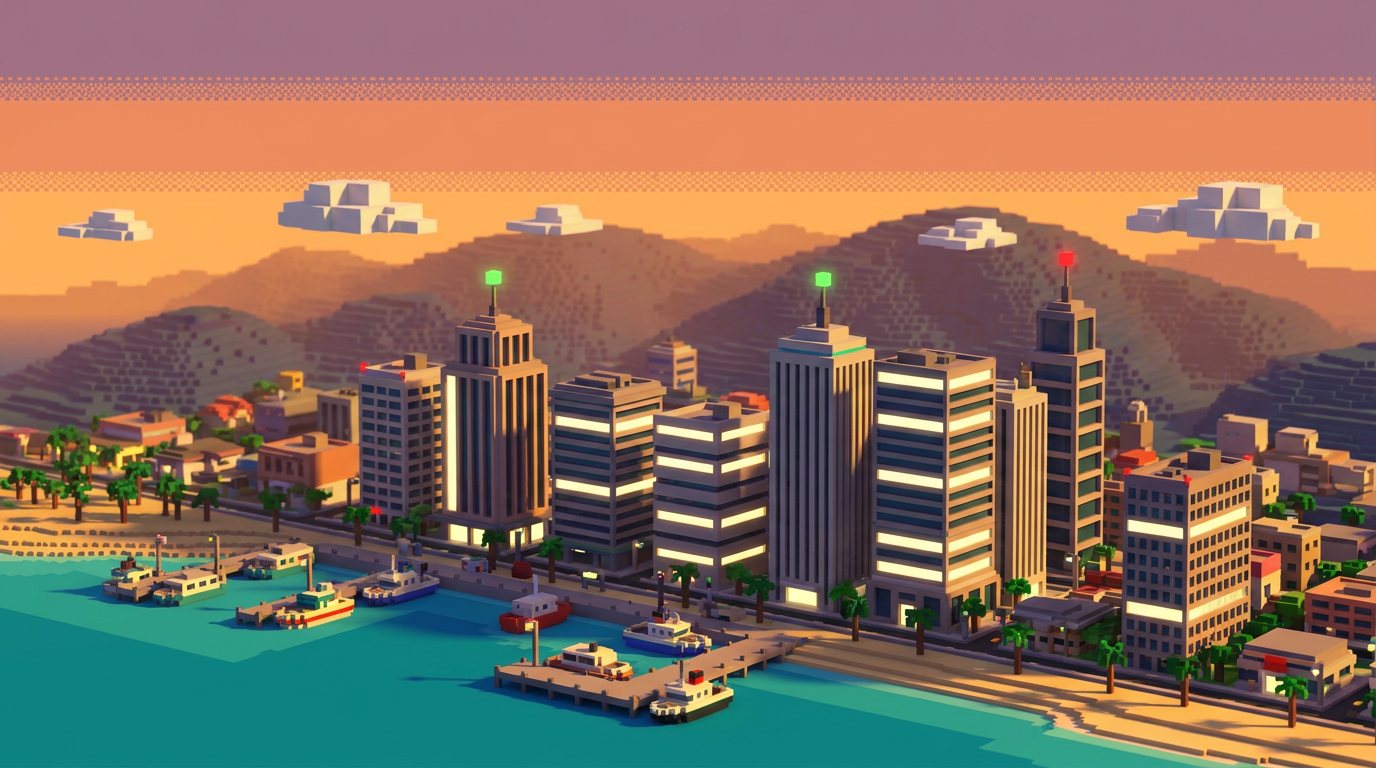 Voxel Kingston waterfront skyline from the game's opening screen