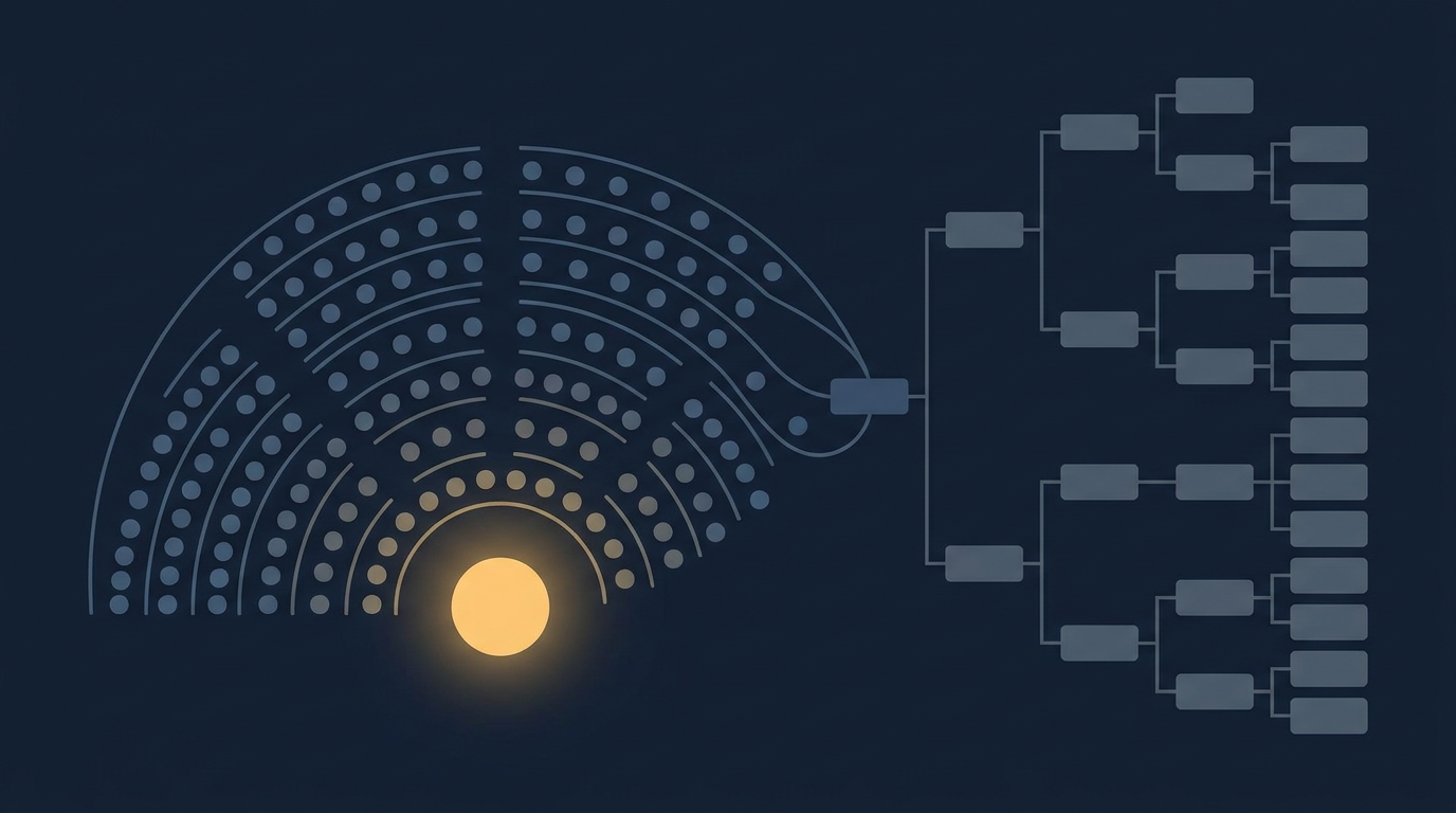 Minimal editorial illustration of an orchestra seating chart morphing into an organisation chart, with one node glowing amber on a dark navy background